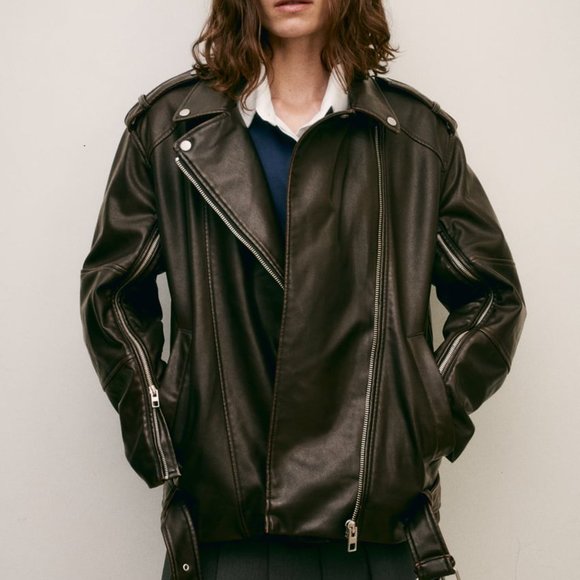 Zara Jackets & Blazers - NWT ZARA WASHED FAUX LEATHER OVERSIZED BIKER JACKET DARK BROWN